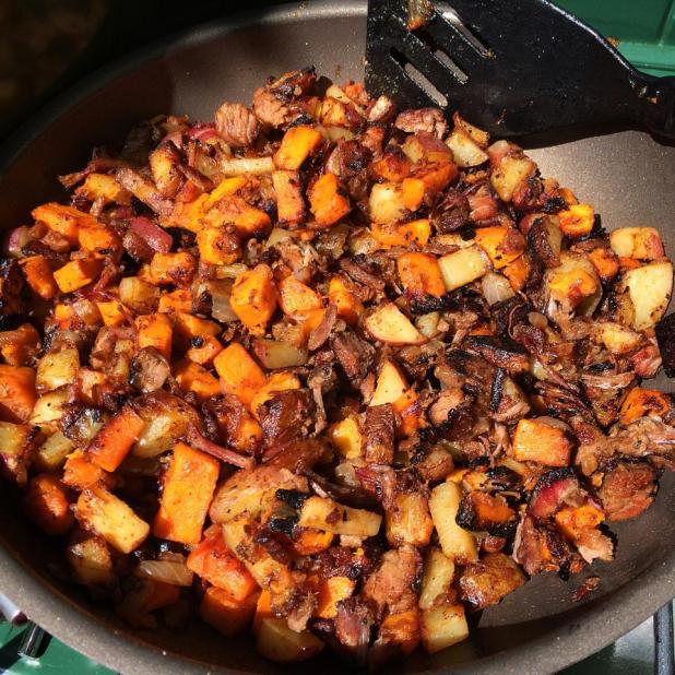 Beef Brisket, Sweet Potato, Potato, Onion Hash cooking Searsport Shores 07-27-2014
